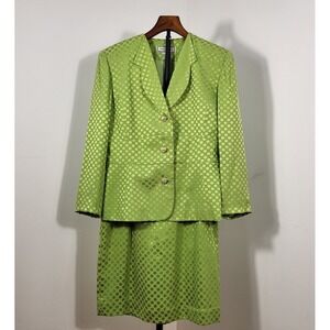 Anna Carole Womens Vintage Lime Green 100% Silk Polka Dot Skirt Suit Size 8